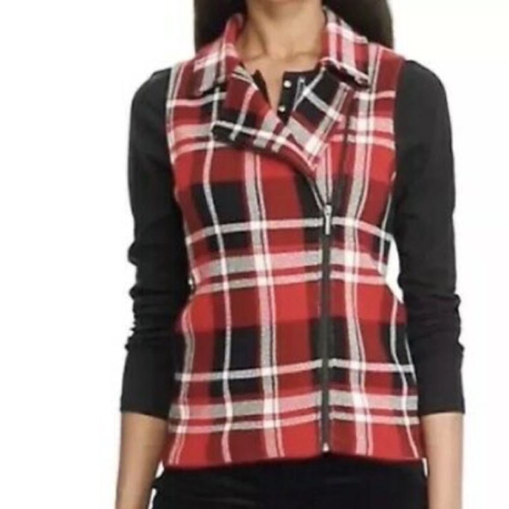 NWT Chaps asymmetrical plaid holiday zipup vest M - Picture 3 of 8